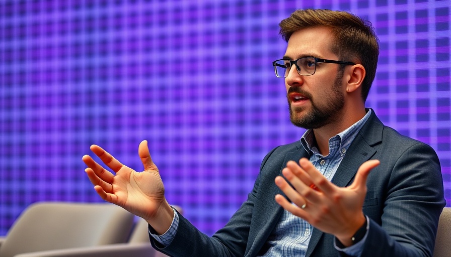 Man speaking at a modern conference in a purple and blue setting.