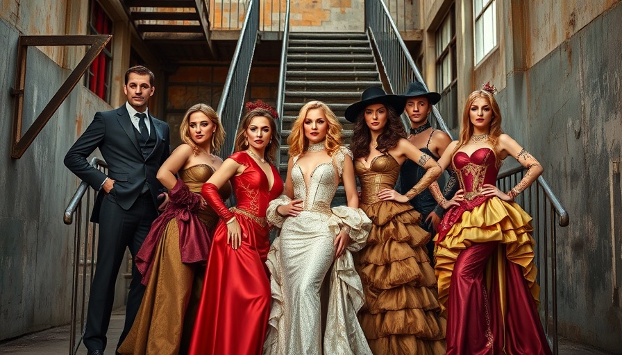 Hadestown Broadway cast in elaborate costumes on staircase.