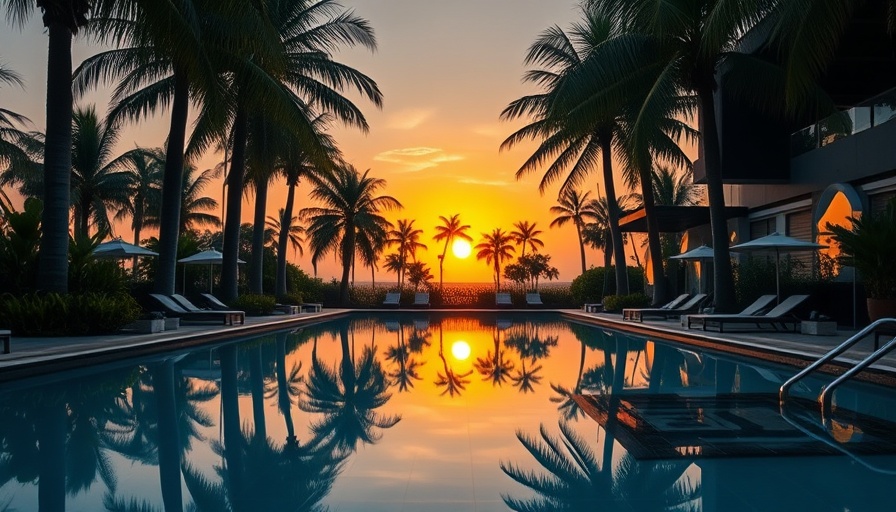 Luxurious poolside with sunset reflections and palm trees