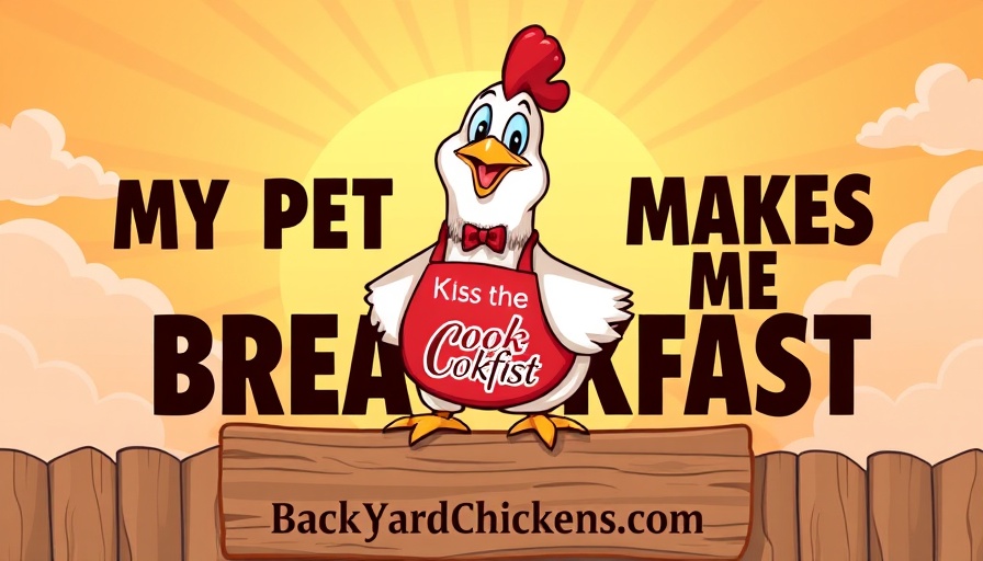 Cartoon chicken in apron with backyard chickens logo and sunrise.