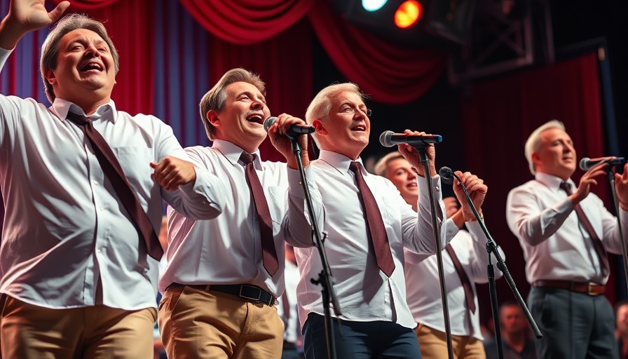 Performers in white shirts on stage with microphones, vibrant curtains.