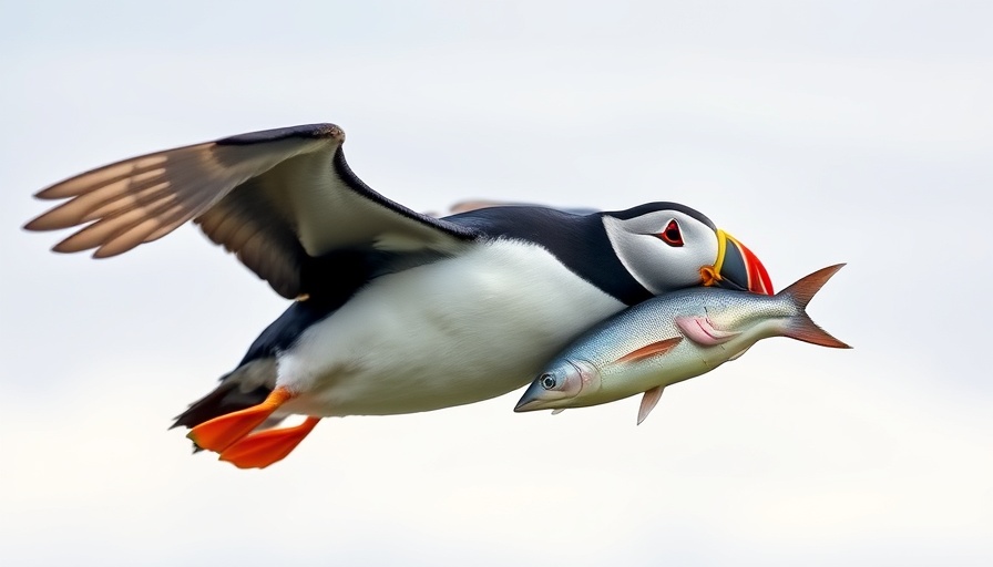 Puffin in flight holding fish, showcasing natural hunting.
