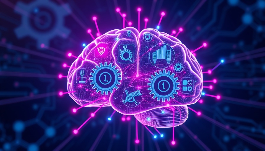 Futuristic digital brain with gears and icons; AI technology concept.