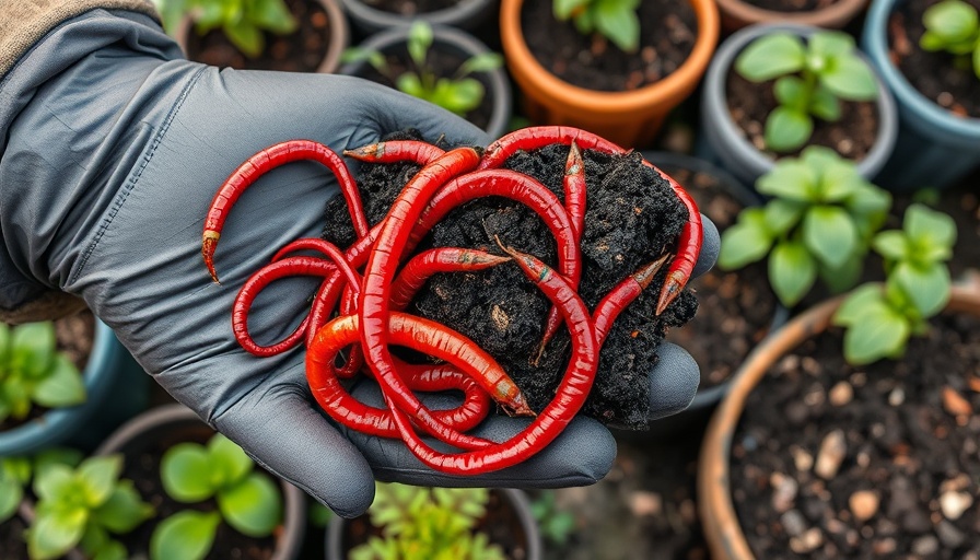 Gloved hand holding worms for vermicomposting in an outdoor garden.