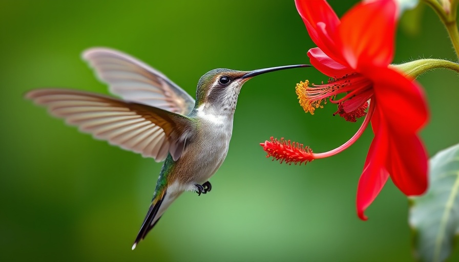Hummingbird feeding on red flower, showcasing hummingbirds migration Indiana