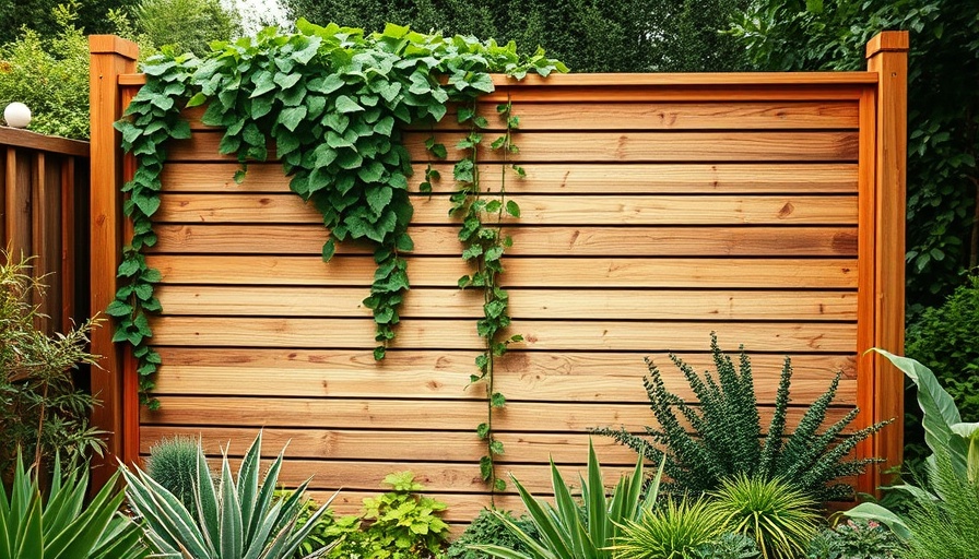 Outdoor garden privacy screen with wooden decor in lush garden.