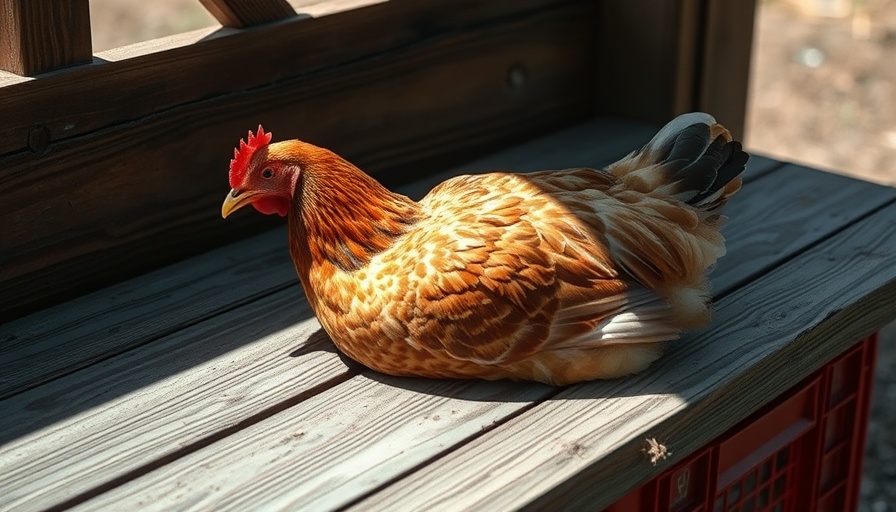 Chicken health monitoring: chicken laying on wooden platform in sunlight.