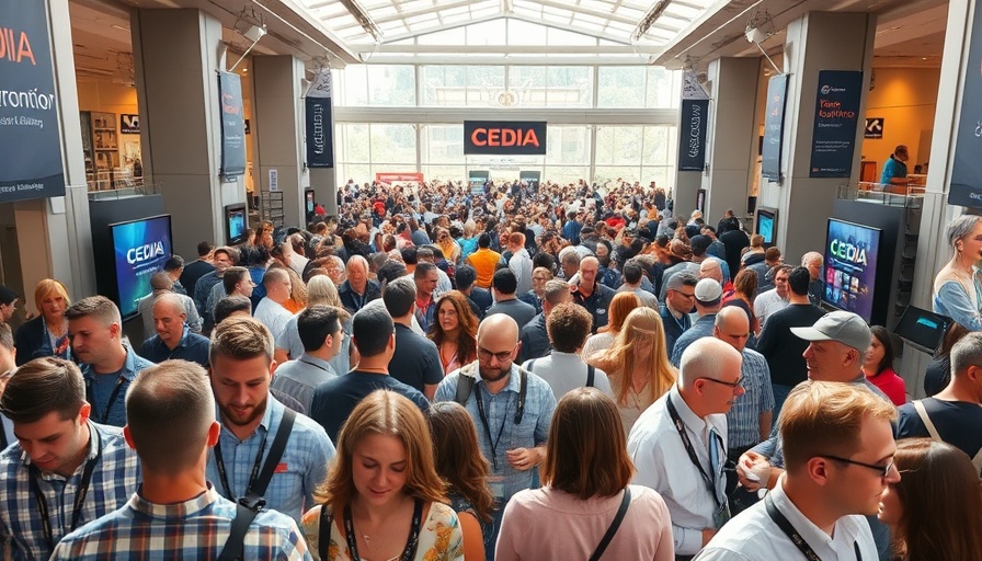 CEDIA Expo attendees discuss home automation trends in bright expo hall.