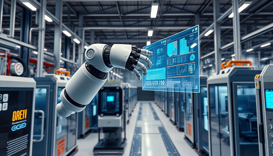 Futuristic robotic arm managing screens in AI-powered factory environment.