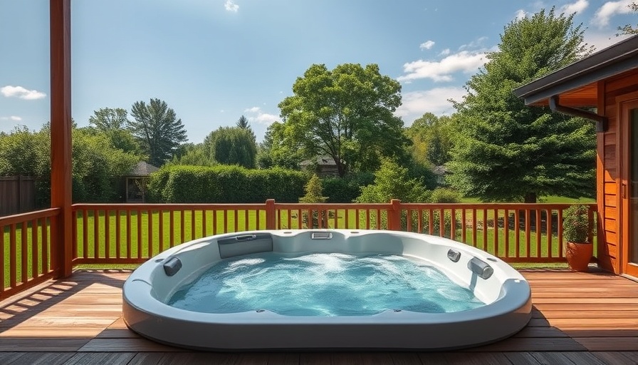 Outdoor spa tub on a wooden deck in a serene backyard setting with a clear sky.