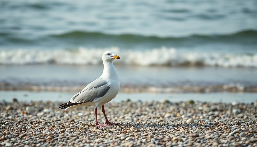Contemplative seagull on a pebbly beach by the water.