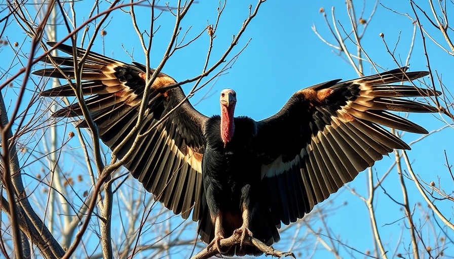 Turkey vulture with wings spread in a bare tree, avian influenza public safety.