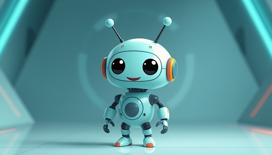 Cute teal robot in futuristic cartoon setting with geometric background.