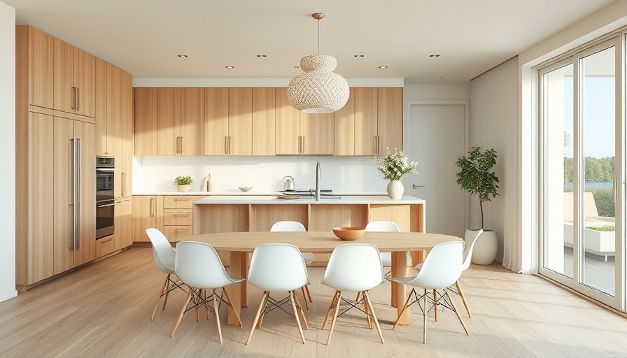 Minimalist coastal family home kitchen with modern wooden cabinetry.