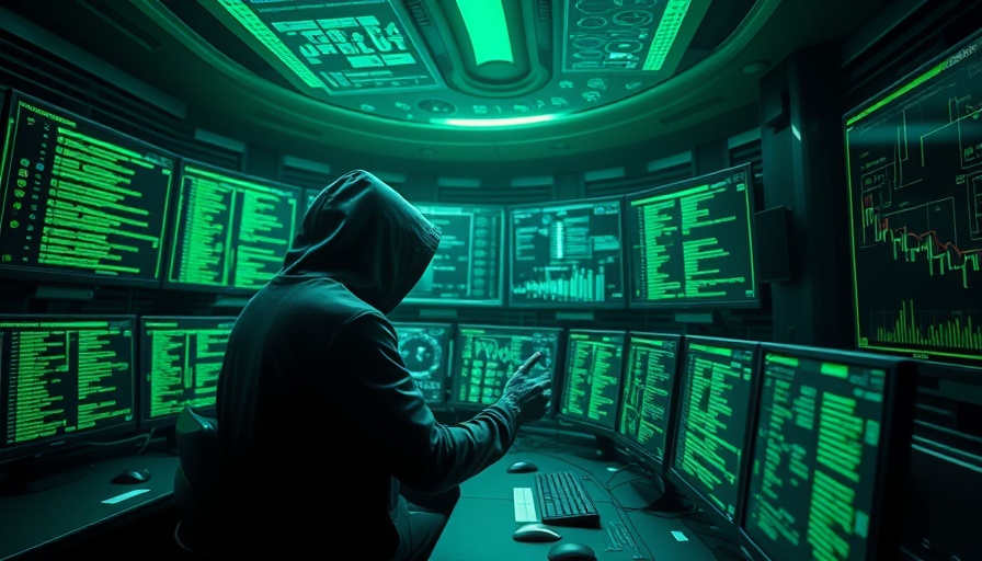 Futuristic setting with hooded figure in front of data screens, UK AI Infrastructure Commitment.