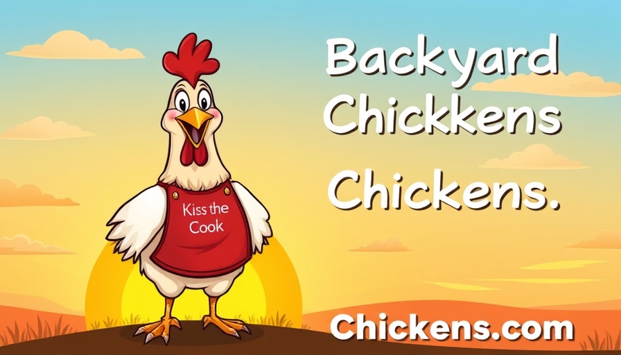 Cheerful chicken in apron, promoting BackyardChickens.com, Daily Questions for Avian Health.