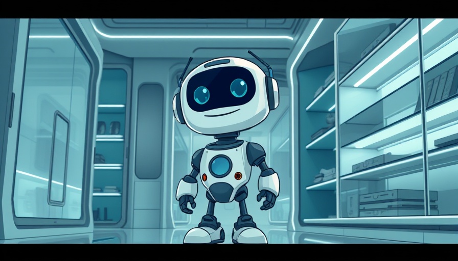 Cartoon robot with sleek shelving in teal and gray, minimalistic design.