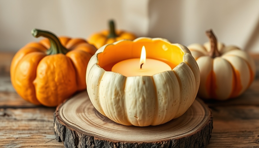 DIY pumpkin spice candle in a hollowed pumpkin with decorative gourds.