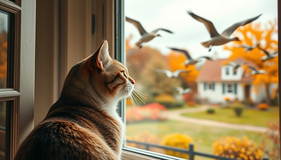 Cat watches geese from window, autumn scene related to HPAI infections in cats.