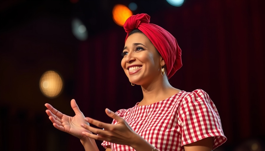 Cheryl Porter smiling on stage in her Broadway debut for & Juliet.