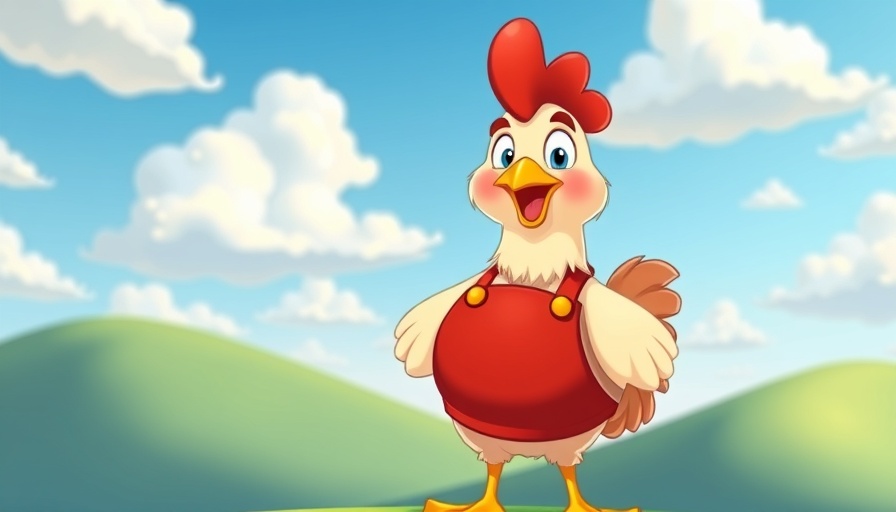 Cartoon chicken with apron, 'BackYardChickens' logo, bright sunburst.