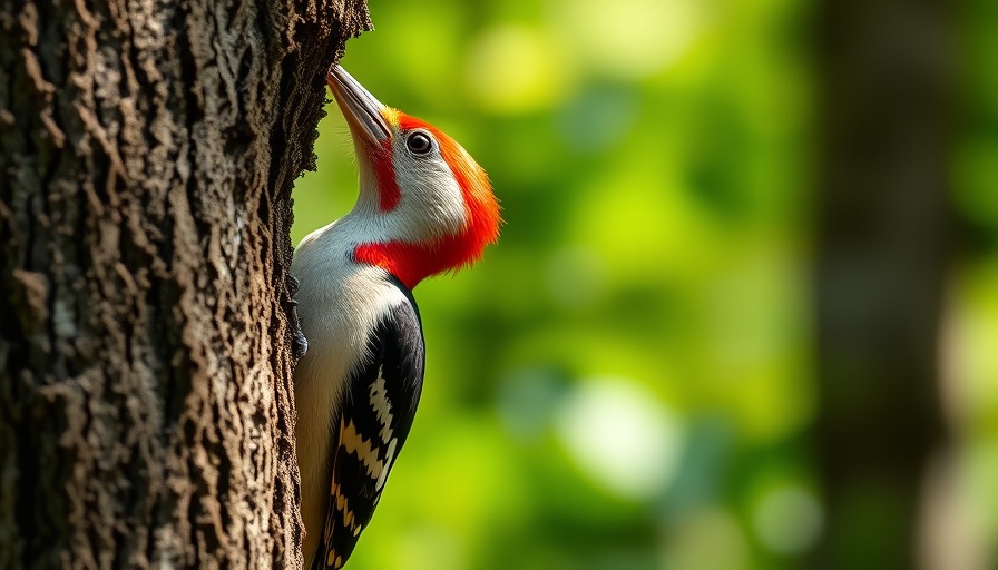 Vibrant woodpecker peeking from tree trunk