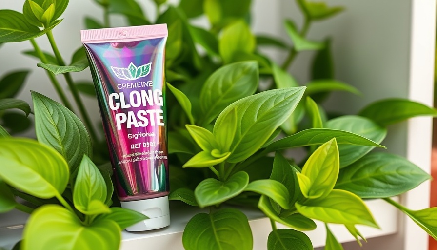 Keiki paste for plants next to green foliage on a white shelf.