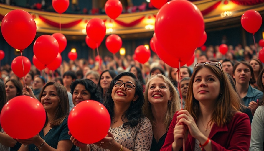 Theater audience holding red balloons, supporting choir.