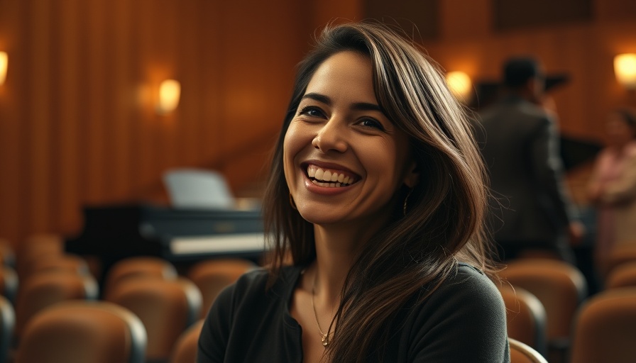 Smiling woman in theater setting with piano, theater life behind the scenes.