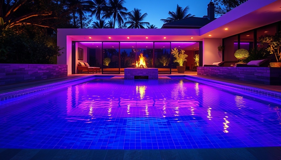 Modern pool with vibrant purple lighting options and fire feature.