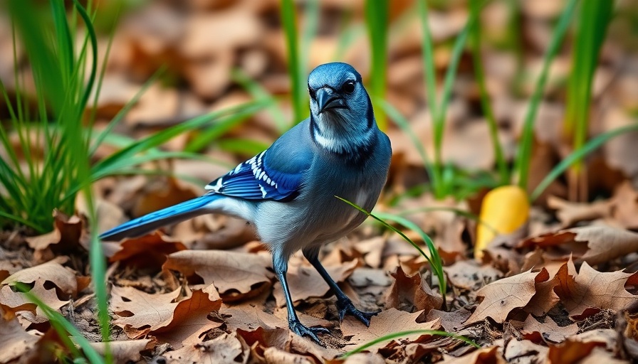 Vibrant blue jay on forest floor surrounded by leaves and grass.