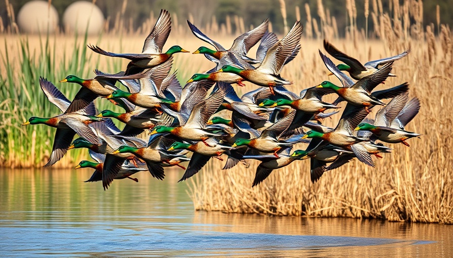 Mallard ducks in flight near lake, surge in bird flu context.