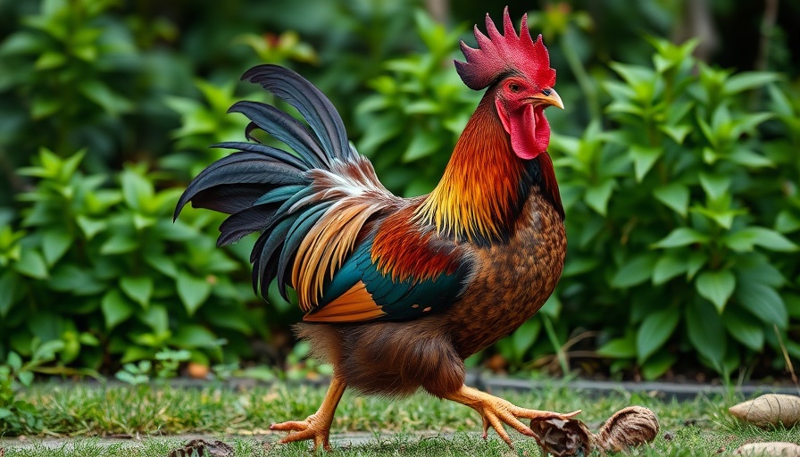 Polish crested chicken gracefully walking in sunlight garden.