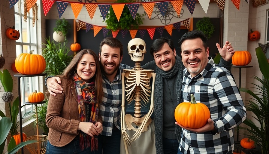 The Great American Baking Show Halloween hosts with festive decor.