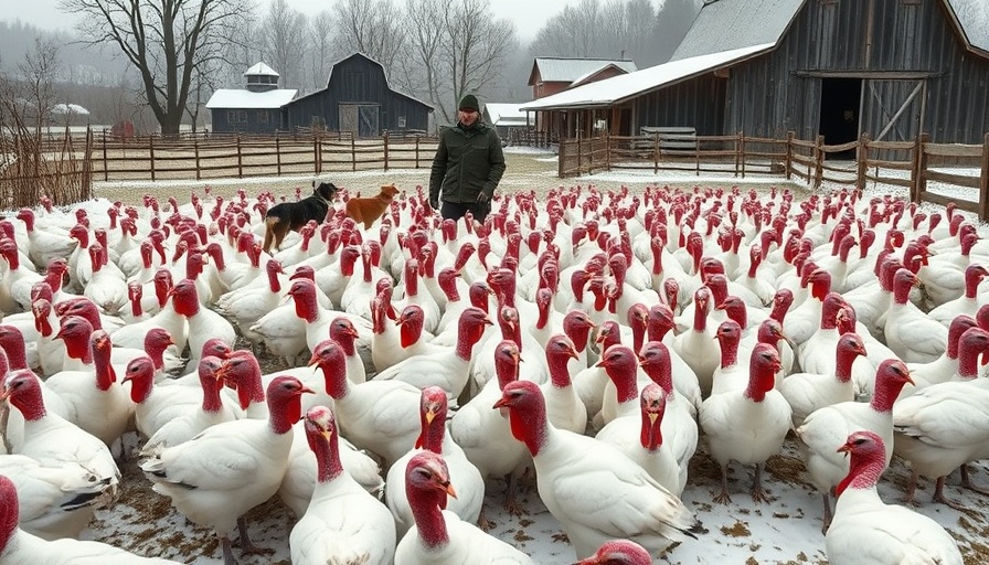 Person on rural farm feeds turkeys amid South Dakota bird flu outbreak.