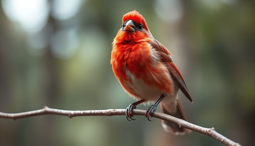 Red finch perched on branch in serene setting, Ever-Growing Library of Bird Sounds.