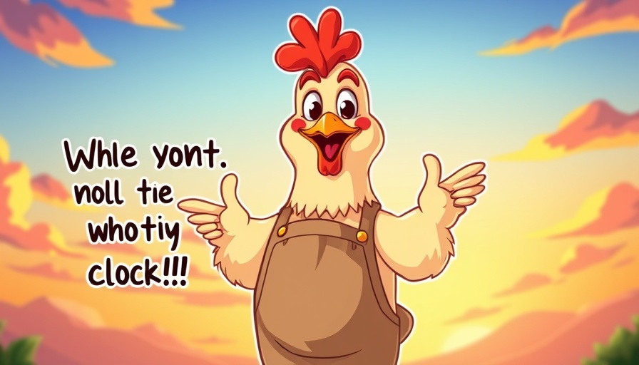 Cartoon chicken with apron and text promoting backyard chickens.