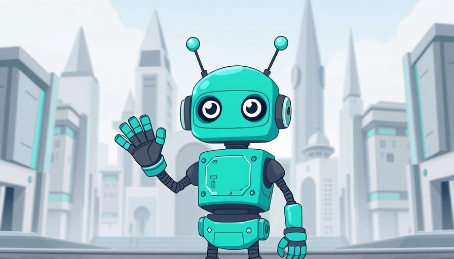 Cartoon robot in a futuristic cityscape, vibrant turquoise.