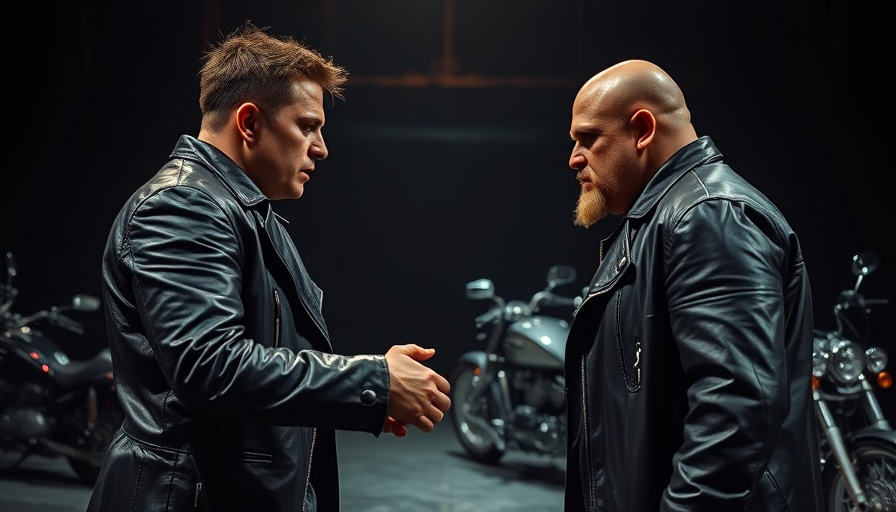 Modern Macbeth meeting with Banquo in motorcycle setting.