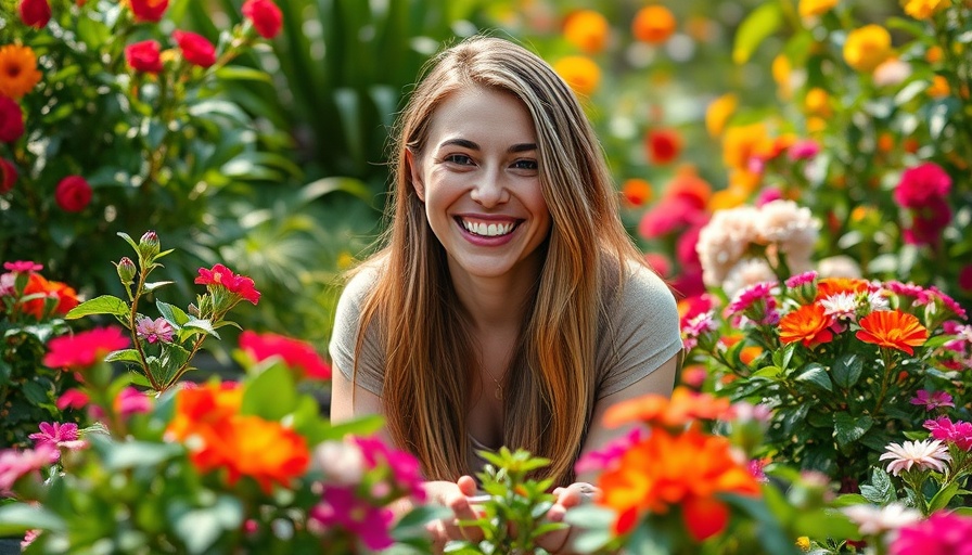 Joyful woman in garden, surrounded by lush greenery. Gardening glimmers.