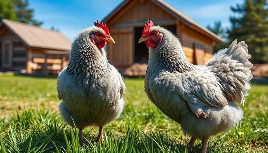 Fluffy grey chickens on a farm with wooden coop.