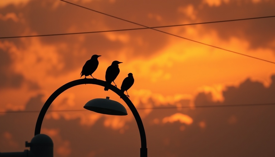 Silhouetted birds on a streetlamp against a vibrant sunset, capturing the essence of urban birding from the bus.