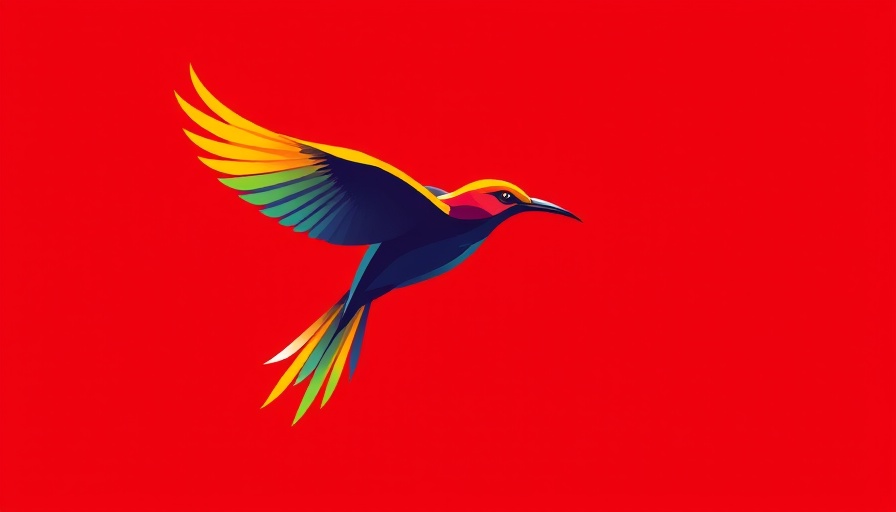 Illustration of a rare blue jay green jay hybrid bird in flight on a red background.