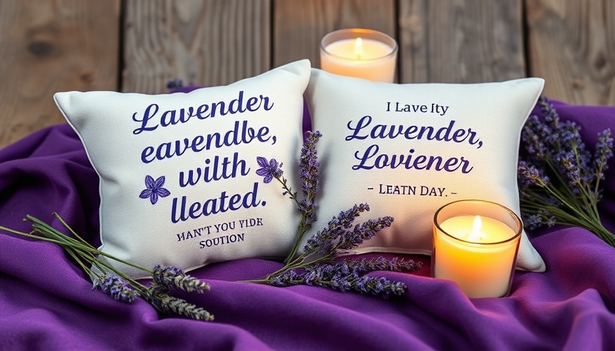 Lavender eye pillows with quotes on purple fabric and lavender sprigs.
