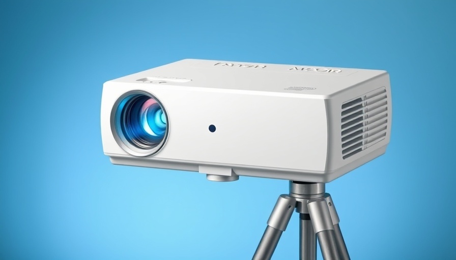 Portable Full HD Projector with sleek tripod on gradient background.