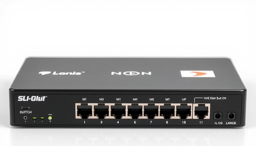 AV-over-IP System Integration: sleek black network switch with branding.