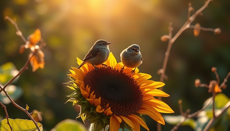 Birds on dried sunflower in autumn garden