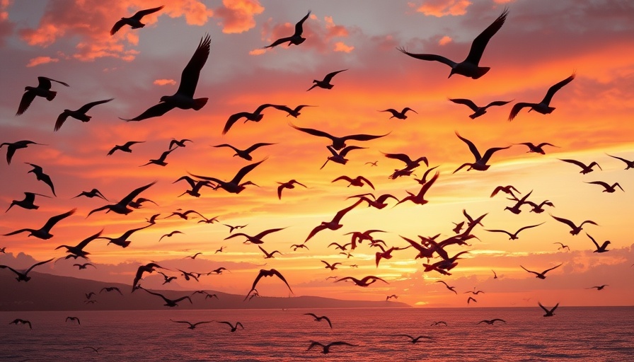 Flock of birds migrating at sunset over North America coastline.