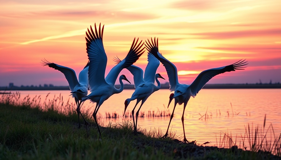 Whooping cranes migration at sunset by the water.