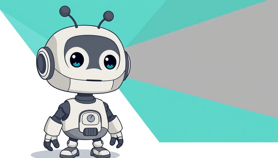 Cute cartoon robot next to geometric design.